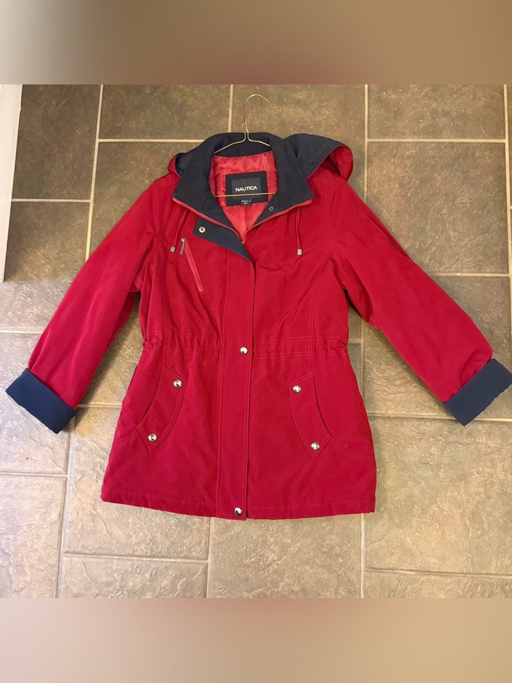 Nautica Red Hooded Utility Parka with Navy Trim